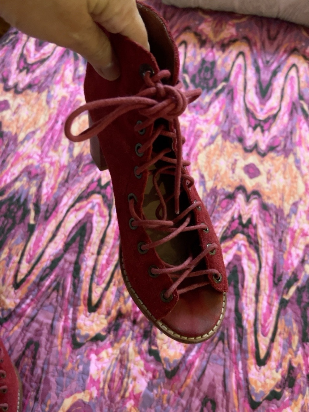 Women’s Lace-Up Open-Toe Ankle Boots in Wine Red